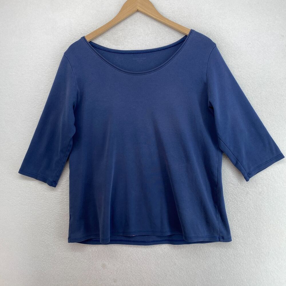EILEEN FISHER Top L Organic Cotton Interlock Jersey Scoop Neck 3/4 Sleeve Blue